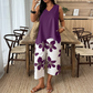 🌸 NUR FÜR KURZE ZEIT: 55 % RABATT! ✨ Set aus asymmetrischem Damenoberteil und Caprihose mit Blumenmuster – vielseitig, farbenfroh, bequem 🌺
