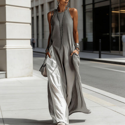 Fließendes, ärmelloses Maxikleid für Damen mit Farbblockmuster