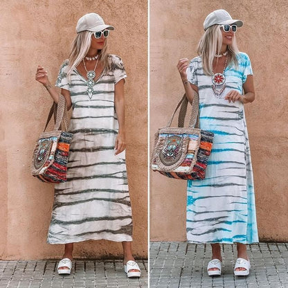 Atmungsaktives, lockeres, langes Kleid mit V-Ausschnitt