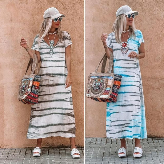 Atmungsaktives, lockeres, langes Kleid mit V-Ausschnitt